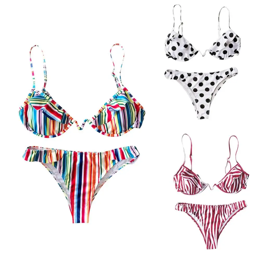 

Womens Sexy Two Piece Bikini Set Deep V-Neck Irregular Push Up Underwire Bra Low Waist Ruffles Patchwork Thong Rainbow Stripes