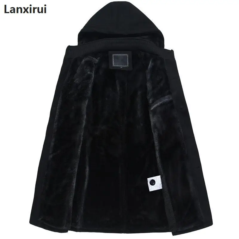 incredible  Winter Mens Hooded Wool Coat Men Single Breasted Thicken Velvet Warm Long Overcoat Male Long Woolen