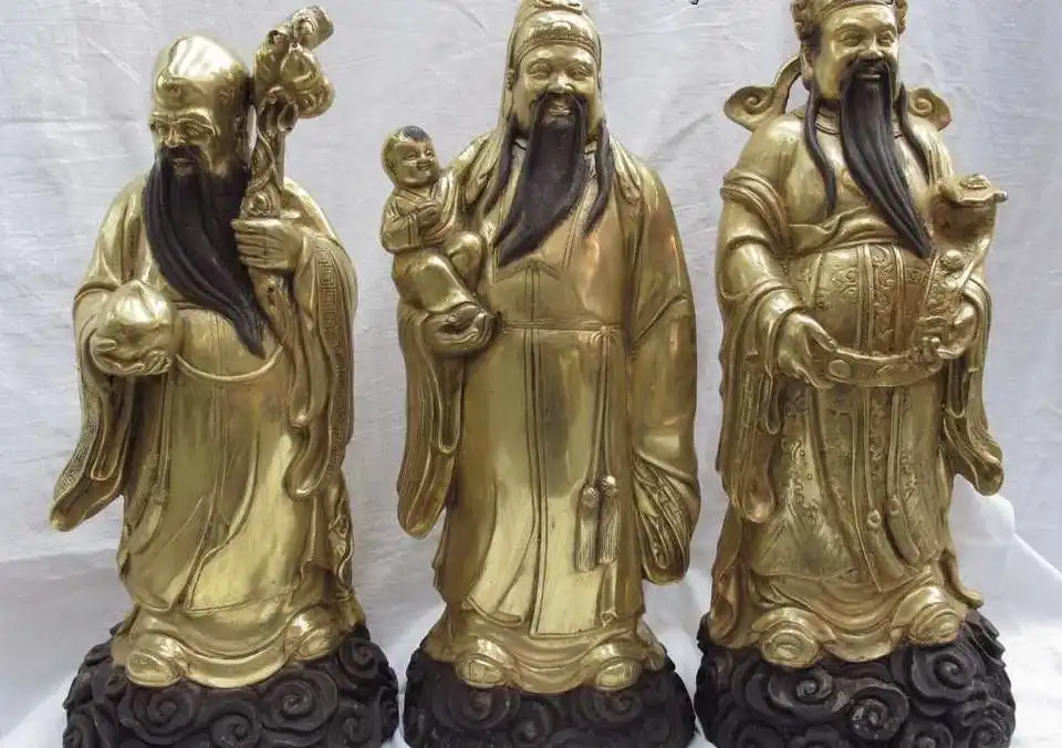 

14 Folk Bronze Copper Gild Three Longevity God Fu Lu Shou Gods Buddha Statue Set