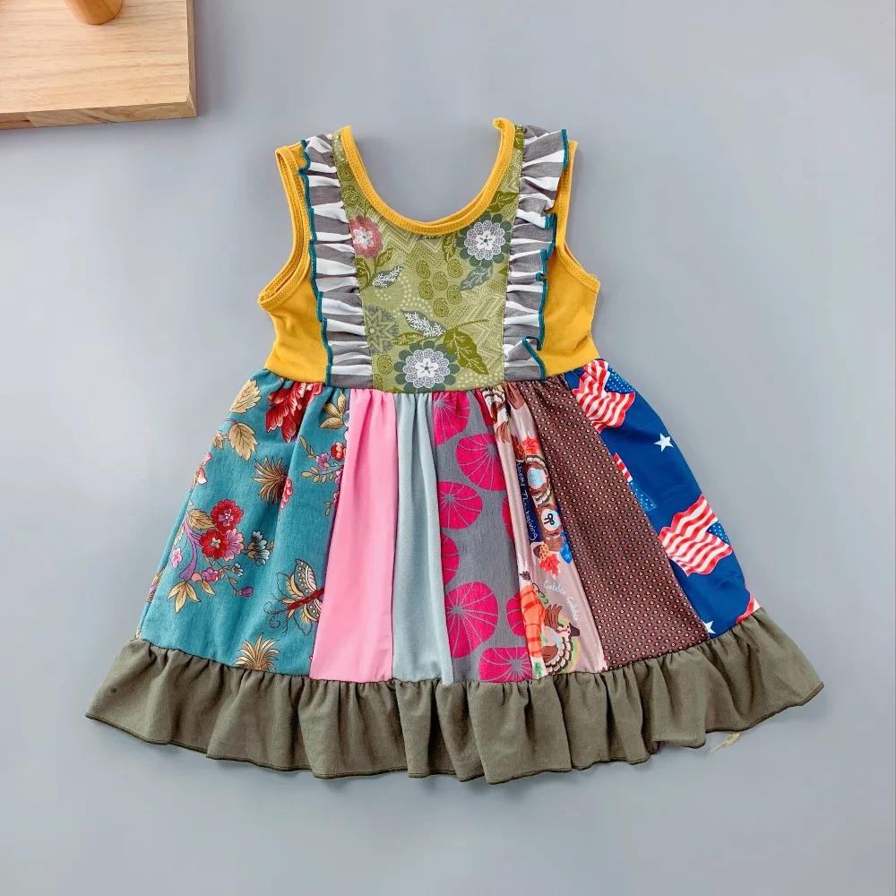 

New style 100% cotton Summer and Autumn white blue serrated stripe and ruffle trim Baby Girls Dress For baby's birthday present