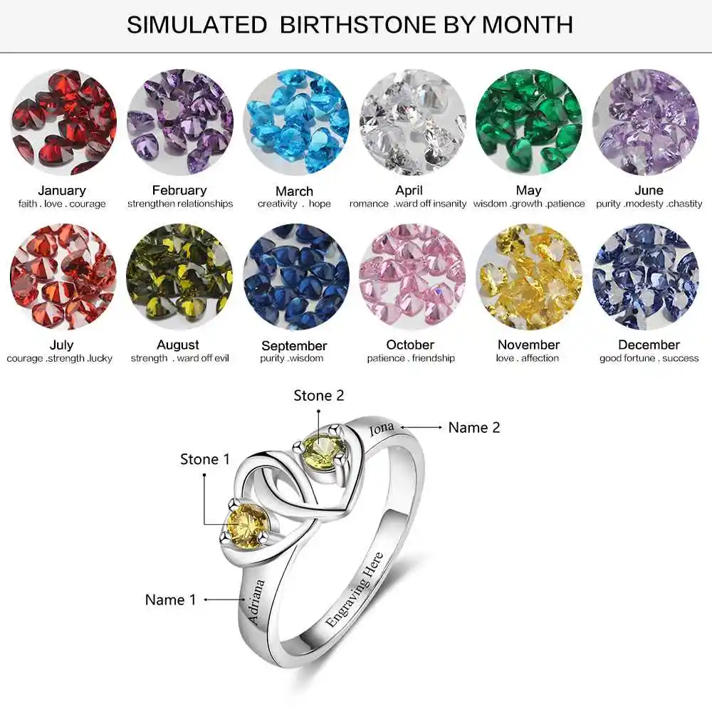 Heart to Heart Personalized Ring Custom Engrave Names & Birthstone Promise Rings 925 Sterling Silver Jewelry (JewelOra RI103273)