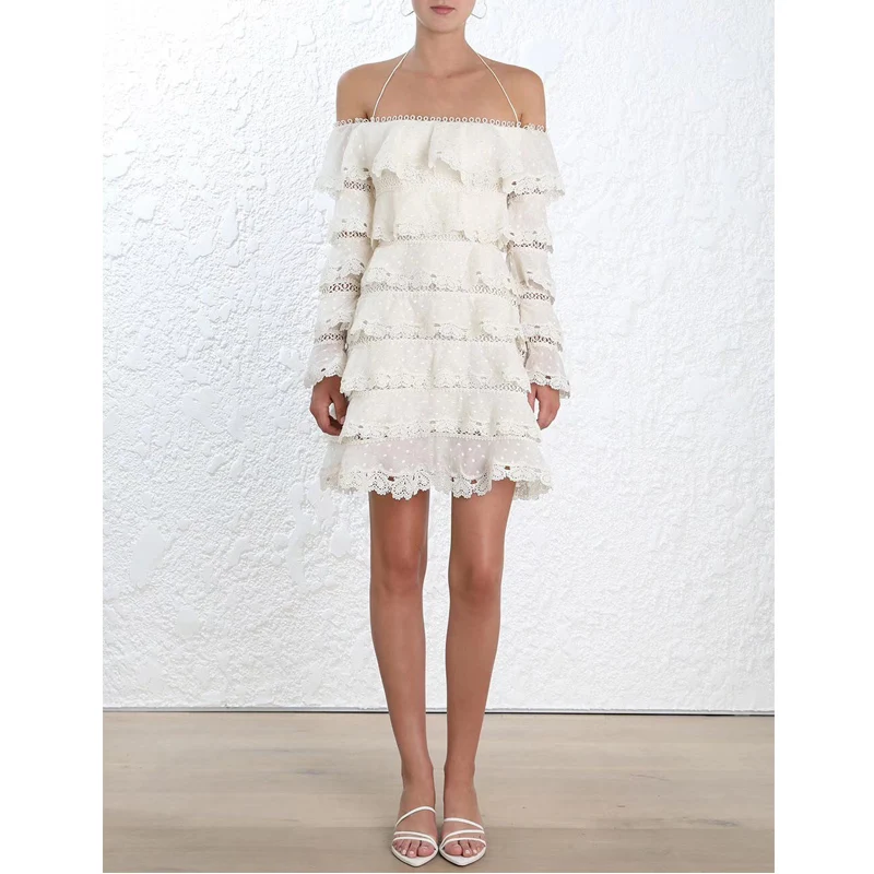Volants Point Soie Hors Coton Blanc Peint Broderie De Cascade En D'été Shouder Coeur White Robe Mini Vague Et Femmes À Dentelle nAwnOvqfI