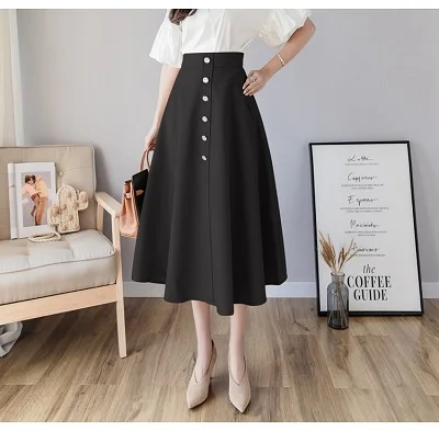 Весенняя трапециевидная длинная Плиссированная юбка для женщин с высокой талией и карманами на пуговицах спереди, юбки для женщин, Элегантные корейские большие качели Faldas Saia - Цвет: black