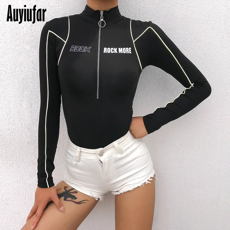 

Auyiufar Women Skinny Bodysuit Long Sleeve with Letter Print Playsuits Zipper Reflective Striped Sporty Rompers Female Overalls