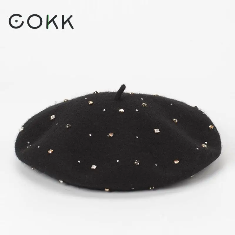 

COKK Hand Sewing Wool Beret Women Hat Autumn Winter Rhinestone Beret Cap Hat Female Korean Painter Cap Boina Gorras Vintage New
