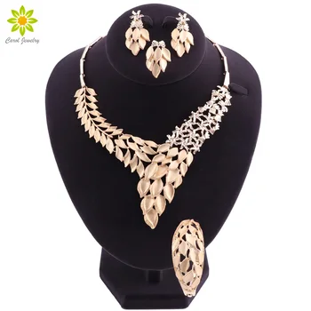 

Elegant Gold Color Bridal Wedding Jewelry Sets for Women Leaf-Shape Necklace Earrings Bracelet Ring Sets