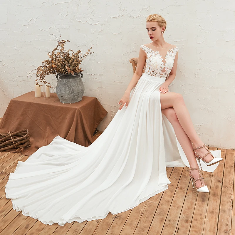 

2019 Elegant Lace and Chiffon Wedding Dress Side Slit Beach Style Bridal Women A Line Long Wedding Gown
