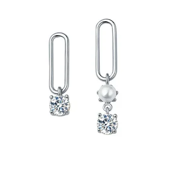 

Fashion Earring For Women Silver Color White Zircon Pearl Square Stud Earrings Female Asymmetry Party Gift Jewelry ED398