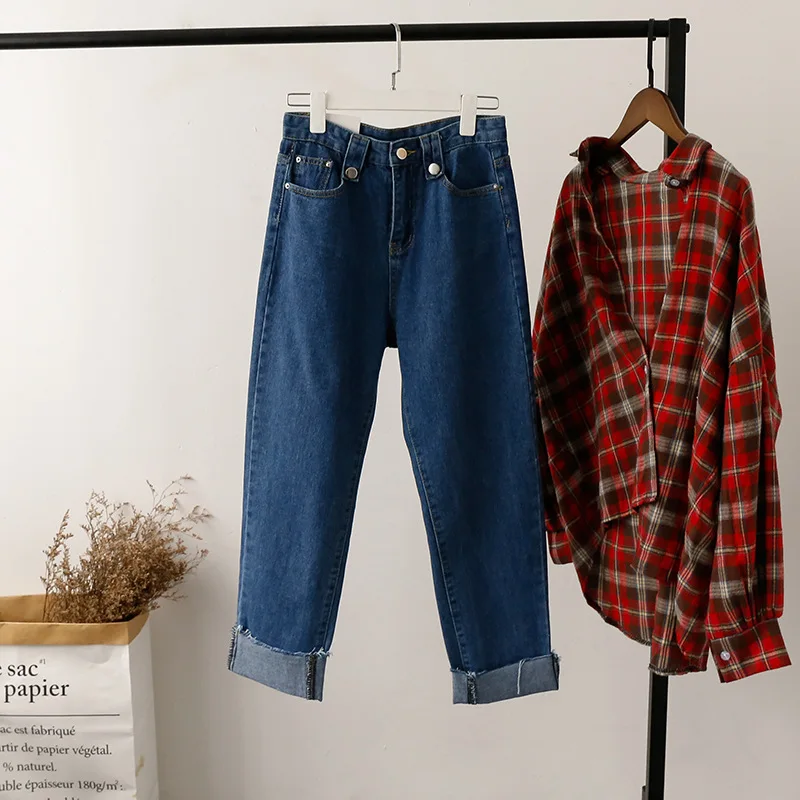 2019 Summer Women Cuffed Denim Wide Leg Pants High Waist Pocket Vintage Harajuku Mom Jeans Loose Casual Streetwear Jeans