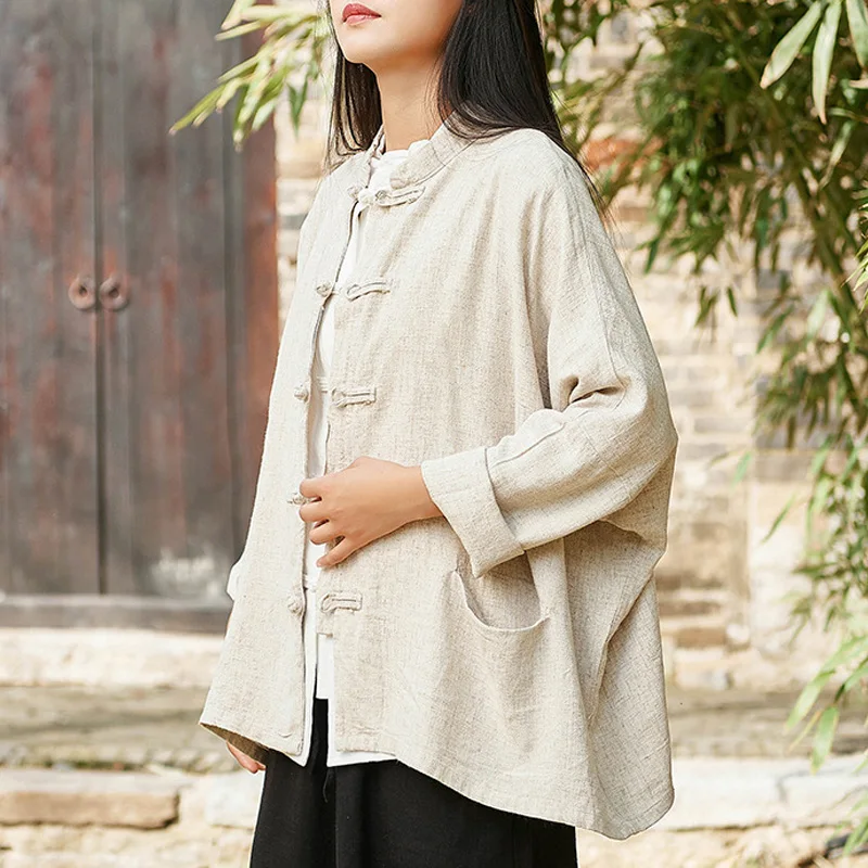 

Cotton Linen Women Shirts Stand Long Sleeve Pockets Blouses Spring New Button Solid Color Loose Women Shirts Tops