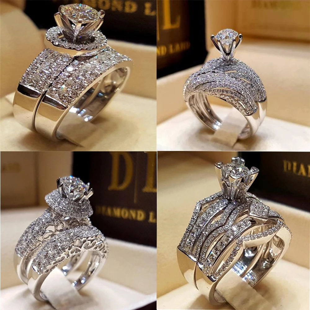 

Boho Female Crystal White Round Ring Set Brand Luxury Promise 925 Silver Engagement Ring Vintage Bridal Wedding Rings