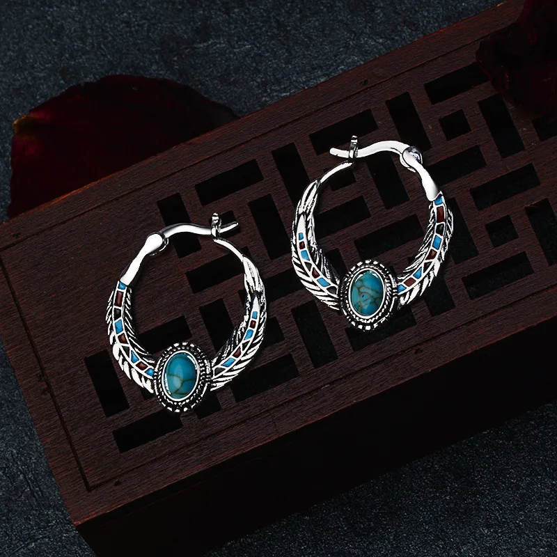 S925 тибетское серебро винтажный дизайн синий камень перо Шарм Висячие серьги для женщин Свадебная вечеринка подарок Femme ювелирные изделия eh990