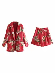 Элегантный шик Для женщин Красный Цветочный принт короткие костюмы карманов Открыть стежка Блейзер пуговицы шорты Повседневное дамы 2