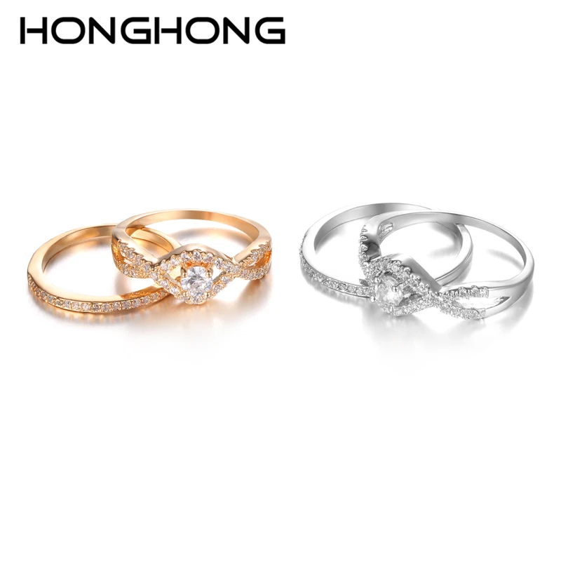 HONGHONG 2017 High Quality Cubic Zirconia Rings For Women Romantic Popular Double Jewelry Gift # R81016 | Украшения и аксессуары