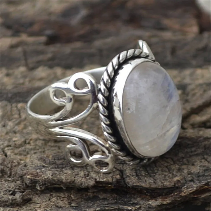 Винтажные тибетские серебряные кольца с большим целебным кристаллом для женщин, бохо античный Индийский лунный камень, кольцо, ювелирные изделия для девушек, подарки для девушек jz030