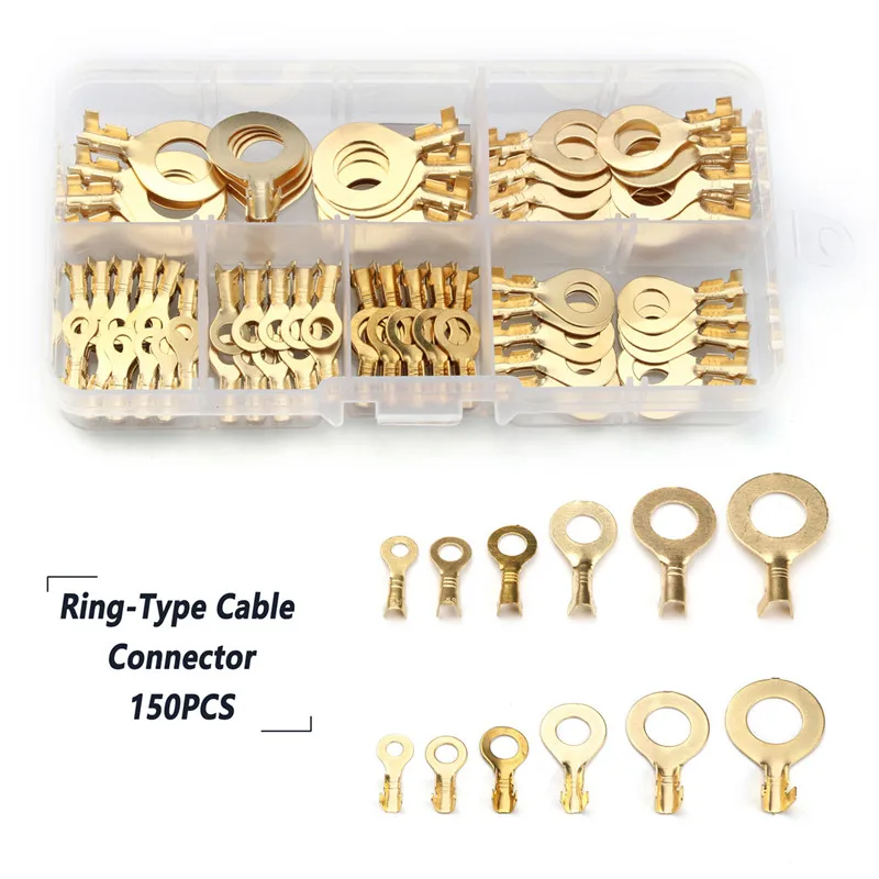 YT 150PCS Ring Type Cable Wire Connectors Terminals Gold Golden Brass