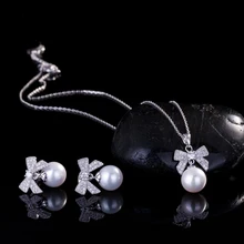 Лучший подарок белый кубический цирконий лук с серьги с крупным жемчугом и кулон ожерелье AAA+ белый CZ комплекты украшений для женщин