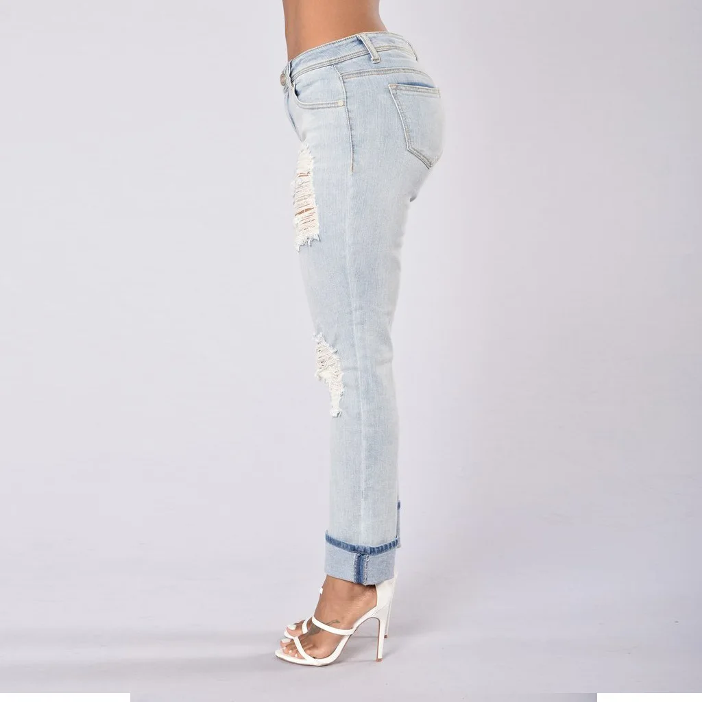 MIND FEET Женские винтажные джинсы с дырками повседневные длинные синие джинсовые брюки женские Прямые рваные брюки для девочек