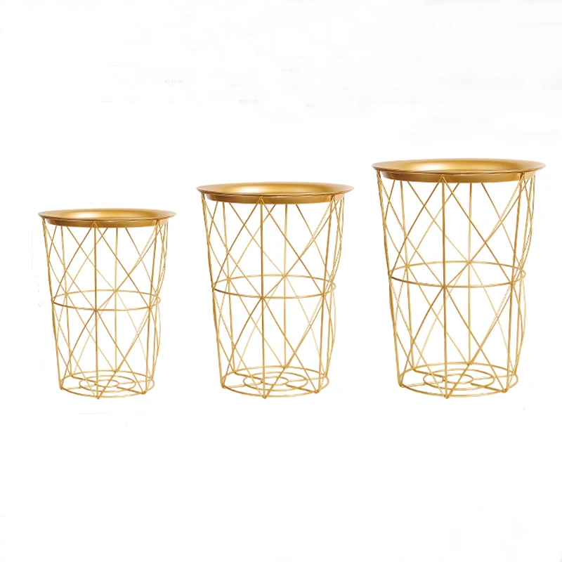 

Golden Color Metal Storage End Table Modern Living Room Round Coffee Table