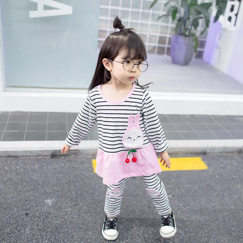 Cute Baby Girls Clothes Winter Animal Dress Outfits Set Toddler Warm T-shirt Dress Striped Trousers Clothes