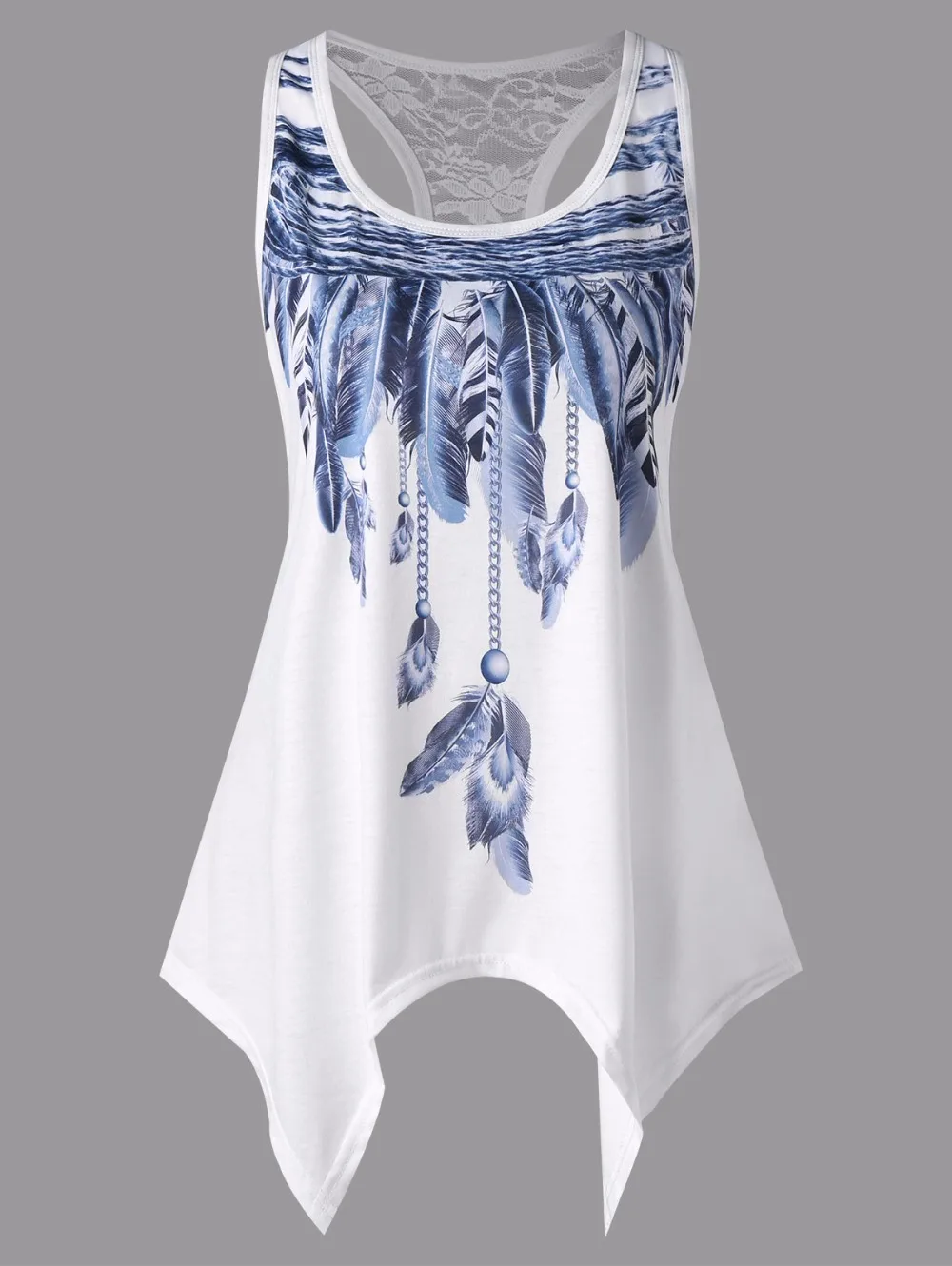 VESTLINDA Feather Print Lace Insert Handkerchief Tank Top Women Clothing Racerback Tank Top Summer 2018 Swing Tunic Tank Tops 1