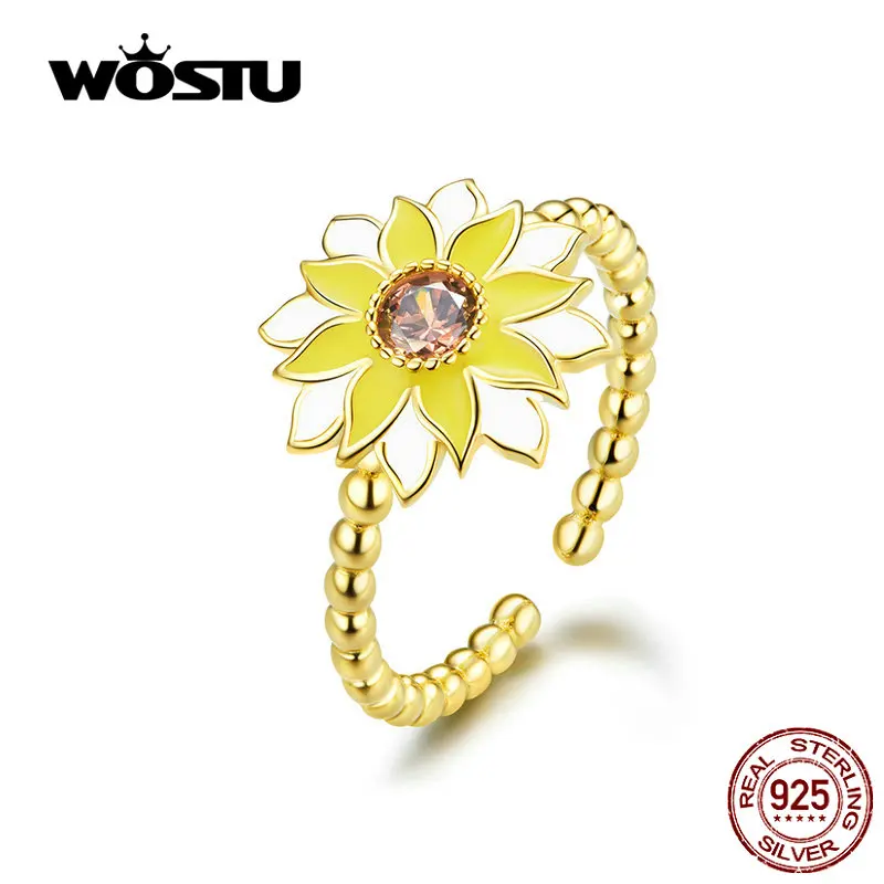 

WOSTU Classic Authentic 925 Sterling Silver Sunflower Rings For Women Hot Fashion Golden Color CZ Adjustable Rings CTR054