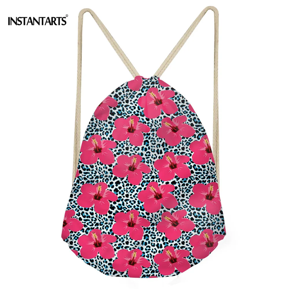 INSTANTARTS Hawaiian Botanical Hibiscus Pattern Gym Sports Bags Outdoor Athletic Fintess Shoes Bag Floral Drawstring Bag Women