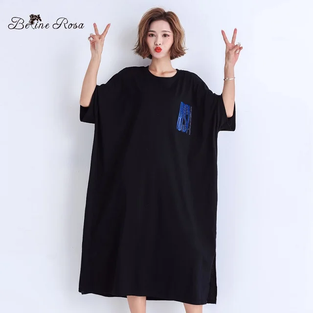 BelineRosa Женские футболки больших размеров Платья, негабаритный стиль Свободное платье из хлопка для женщин, лето TYW01001 - Цвет: black
