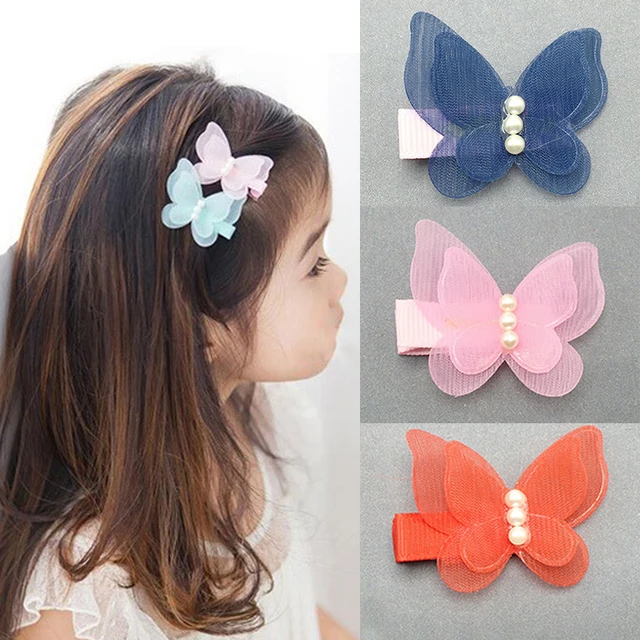 Kids Hair Clips Hair Pin Chiffon Pearl 3D Butterfly Princess Headwear Kids Children Hair