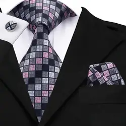 Для мужчин s галстук черный, розовый Dimgray решетки Шелковый Галстук Hanky запонки набор подарки для Для мужчин модные Бизнес Галстуки C-482