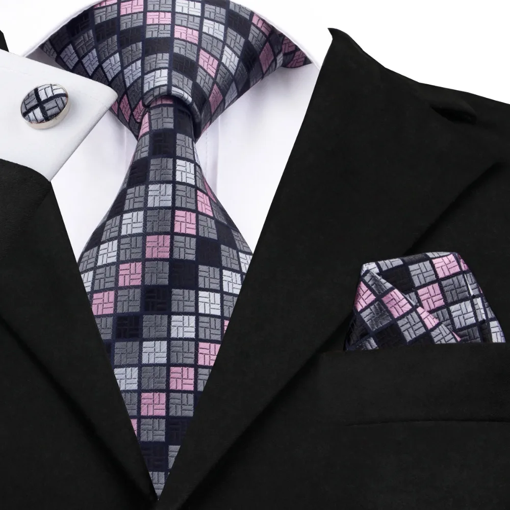 

Mens Tie Black Pink Dimgray Lattice Silk Necktie Tie Hanky Cufflink Set Gifts For Men Fashion Business Ties C-482