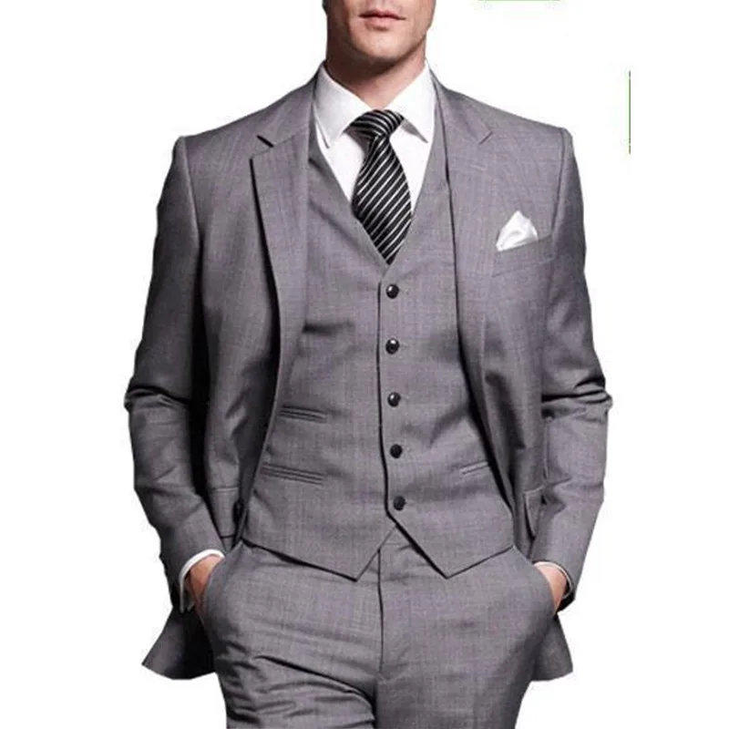 108 New Arrival Gray Gentlemen Tuxedos Notched Lapel Wedding Suits For Men Two Buttons 3 Pieces Men Suits Slim Fit K2