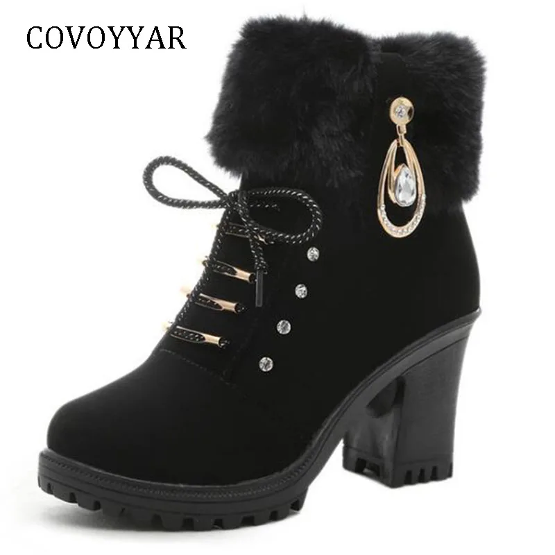 

COVOYYAR 2018 Thick Heel Women Boots Warm Fur Rhinestone Winter Shoes Women Cross Tied Platform Snow Ankle Boots WBS966