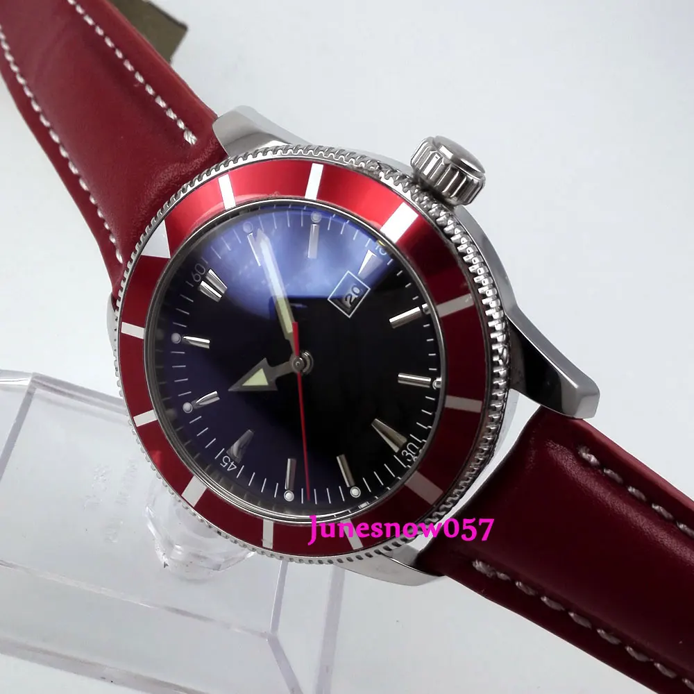 

Bliger 46mm black sterial dial date red bezel luminous deployant clasp Automatic men's watch