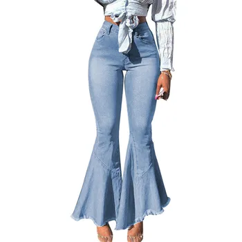 

Women Vintage Ruffles Patchwork Solid Long Jeans Summer Zipper High Waist Denim Pants Fashion Flare Troursers