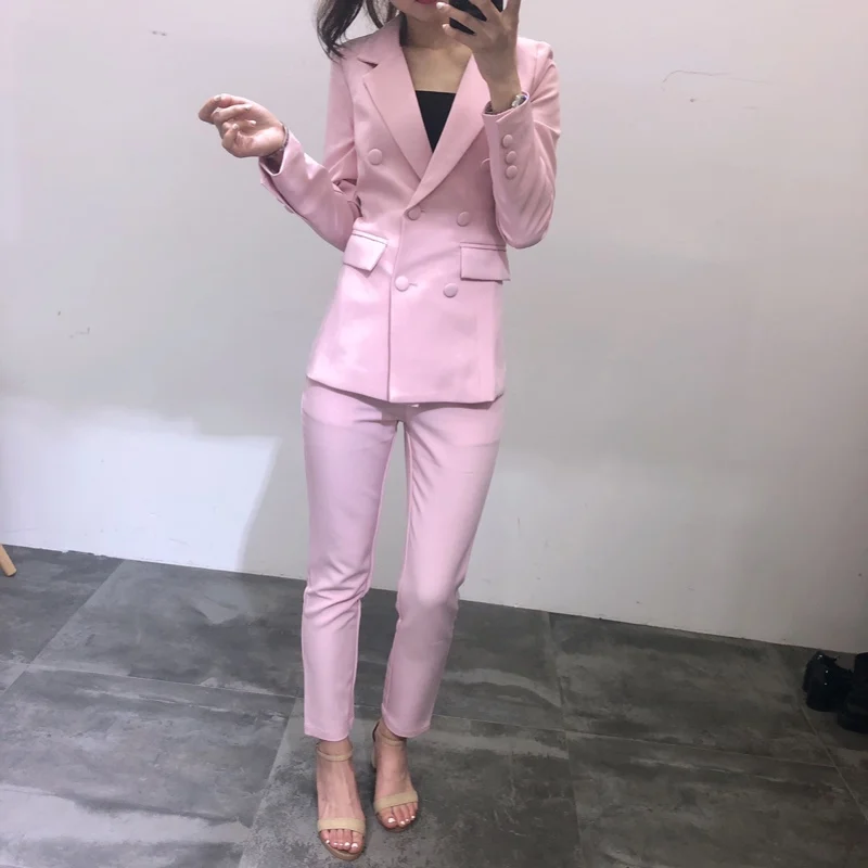 

2019 Spring Autumn Ladies Elegant Slim Pink Blazer Suits Set OL Women Business Double Breasted Blazer + Ankle Length Pants Y205