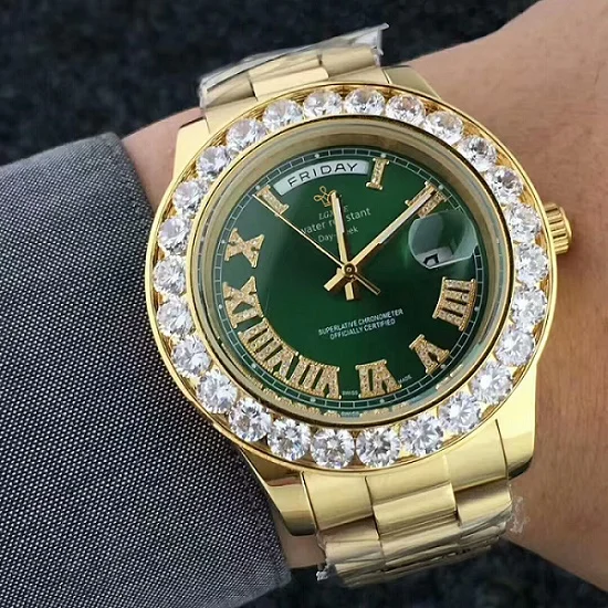 Женские часы Топ Бренд роскошные женские часы большой алмаз мужские наручные часы кварцевые часы Ro'le reloj mujer relogio feminino - Цвет: gold green