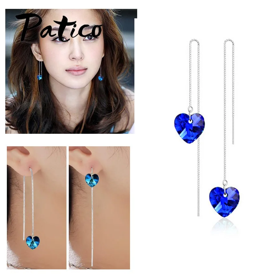 

Genuine Real 925 Sterling Silver Wedding Jewelry For Women Long Chain Drop Earrings With Blue CZ Crystal Party Ear Gifts