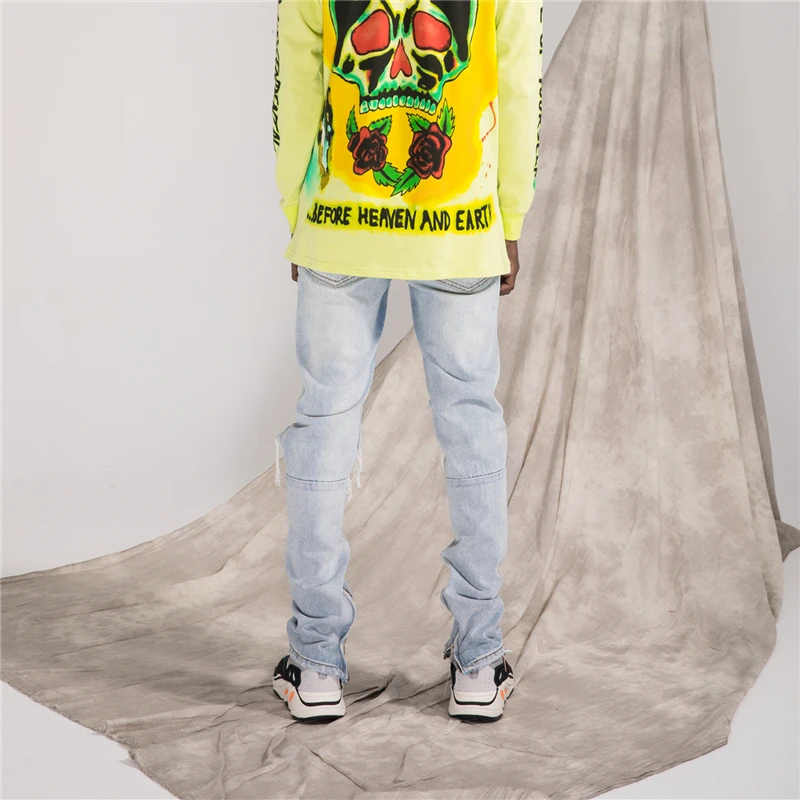 Новая Европа и Америка high street kanye тонкий ноги светлые цвета джинсы мужские брюки молния колено Большой отверстие брюки прилив
