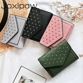 

Rivets Women Fold Wallets Litchi PU Leather ID Cards Holder Mini Female Envelope Money Bag Small Ladies Purses Coin Pocket Pouch