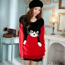 Fashion Winter Clothing Round Neck and Long Sections Wild Loose Sweater Cute Cartoon Cat Es1044