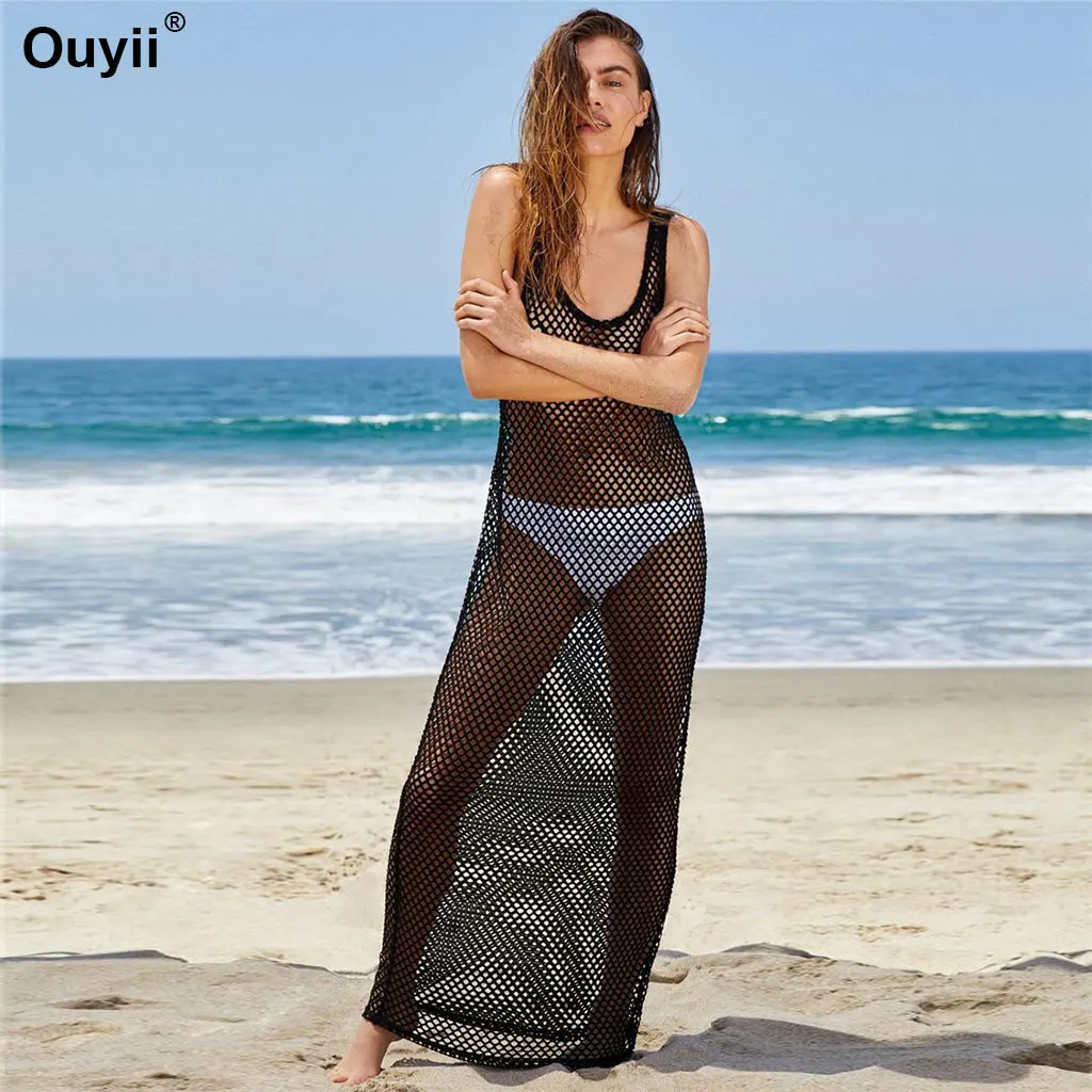 

New Bikini Cover Up Summer Beachwear Mesh Sling Beach Long Skirt Hollow Sexy Blouse 2019 Seaside Vacation Blouse