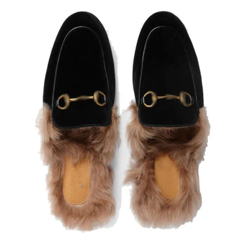 

2018 Lederen Vrouwelijke Slippers Zwart Suede Vrouwen Schoenen Platte Half Wol Schoenen Slippers Winter Echt Bont Slippers