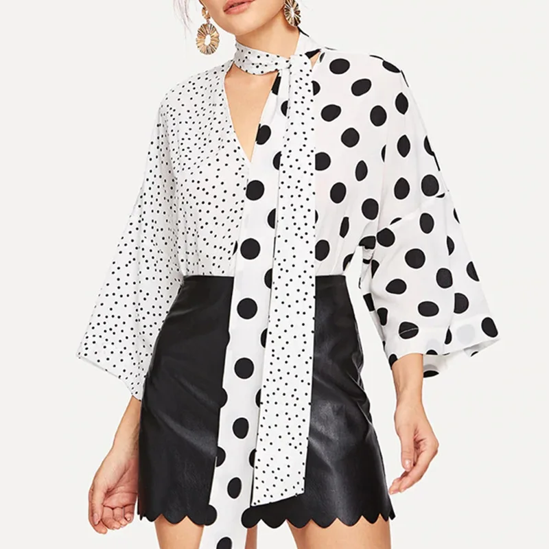 

OLGITUM 2019 new fashion V-neck polka dot women's blouse shirt asymmetric splicing shirts