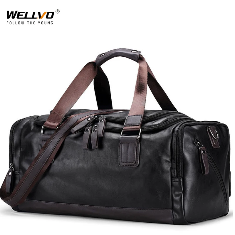 

Men's Duffel Leather Bag Soft Fabric Travel Luggage Tote Handbag for Male Trip Shoulder Men Large Weekend Casual Black XA66WC