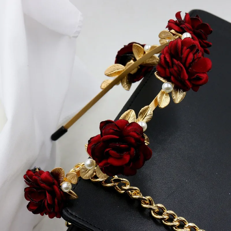 Подиум барокко Красная роза цветок лента для волос широкая повязка жемчужные аксессуары для волос свадебная тиара Menina Королева золотой лист Корона