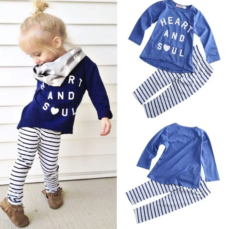

2pcs Lovely Kids Girls Blue 100% Cotton Shirt Blouse + Striped Leggings Outfits