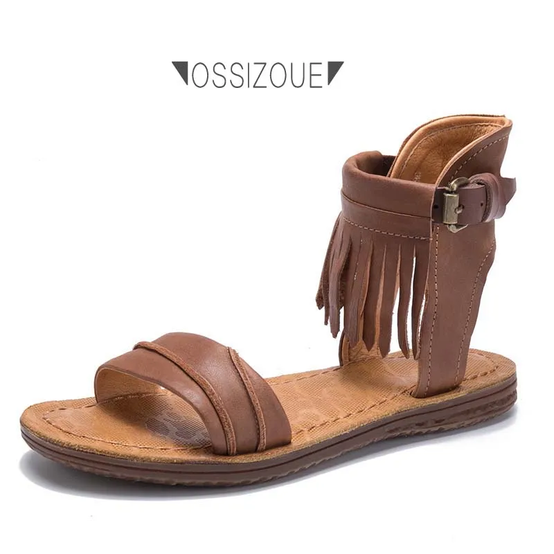 

Ossizoue Fringe Genuine Leather Women Summer Shoes Sandals Flat Casuals Gladiator Style 2 Colors 35-40