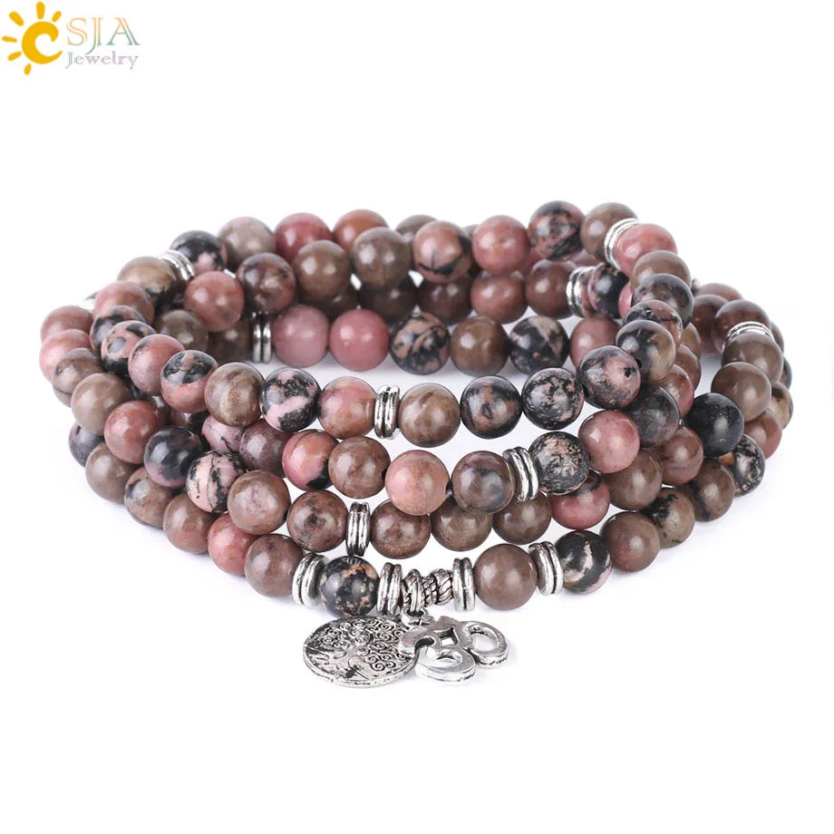 

CSJA Meditation Natural Line Rhodonite Bracelets for Women 108 Mala Beads Gem Stone Tree of Life OM Charms Boho Jewellery F412