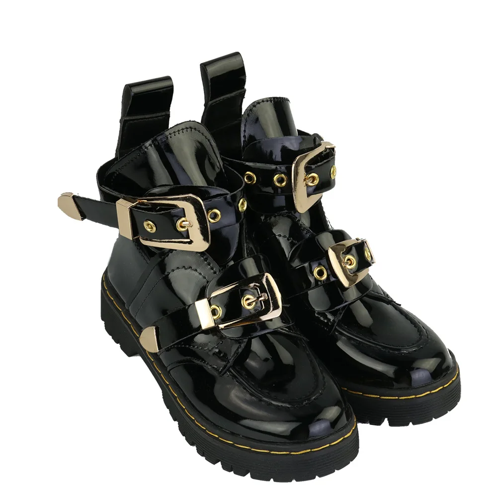 New Patent Leather Metal Buckle Boots Side Air Breathable Women's Shoes Hollow Out Fashion Pumps